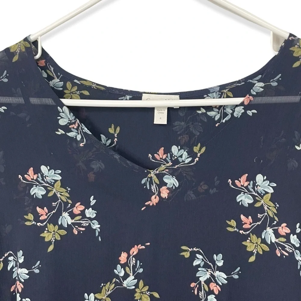 Garnet Hill Silk Floral Print Mini Dress Navy Petite 4 - Picture 6 of 9